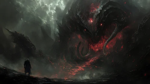 Dark fantasy colossus confronting lone warrior in infernal void.