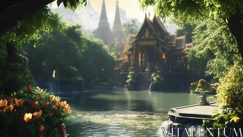 Sunlit temple lagoon cradles golden spires in lush silence.