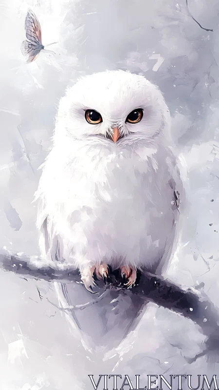 Snow-soft owl waits in winter hush with luminous curious eyes.