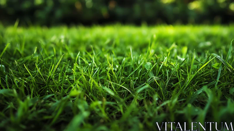 Close ground-level view of wet grass blades in daylight.