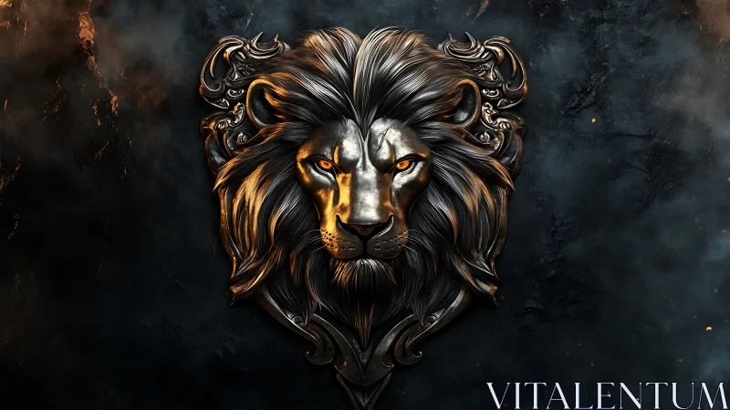 Majestic metallic lion emblem glows against smoky darkness