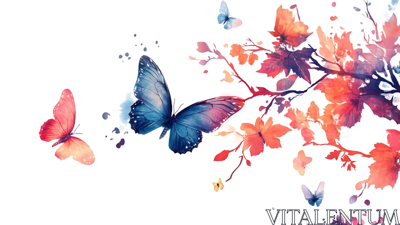 Butterflies move near stylized watercolor foliage on white