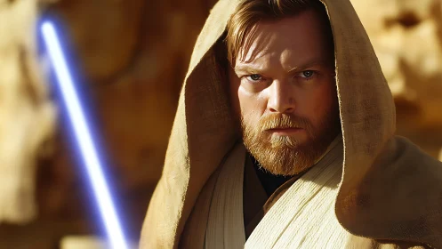 Hooded space warrior with blue energy sword in desert light