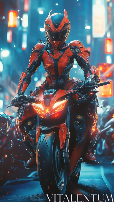 Motorcyclist in armored red suit rides through neon city