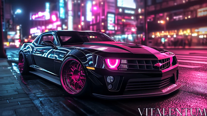 Neon street muscle car prowls through electric city glow.