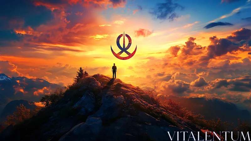 Digital painting of lone summit figure under emblematic sky.