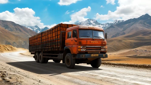 Amber freight titan rolls through sunlit mountain highlands.