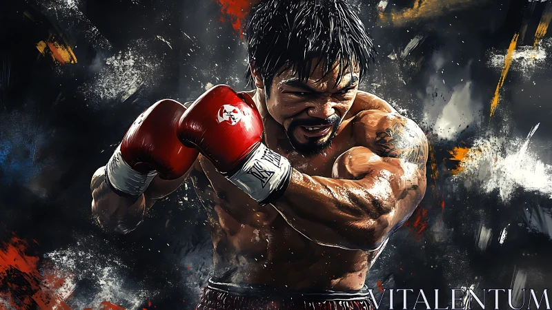 Professional boxer in red gloves executing fighting stance dynamically