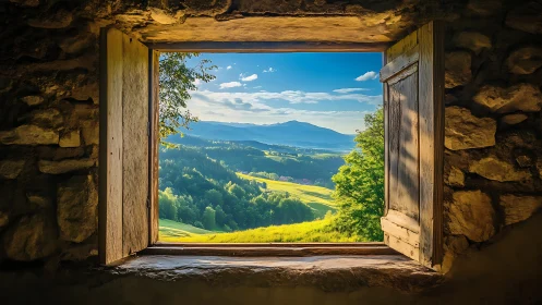 Sunlit valley through a rustic stone cottage window.