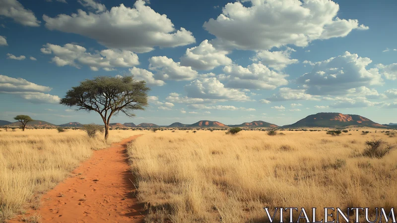 Warm savanna trail winding toward distant red hills.