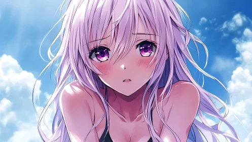 Purple eyed anime girl with white hair against blue sky.