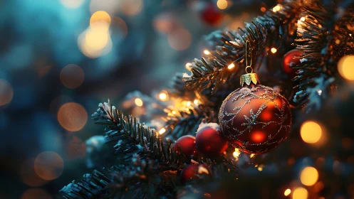 Glistening red bauble on snow-kissed Christmas pine branch.