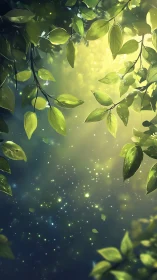 Backlit foliage canopy with volumetric glow and suspended light particles