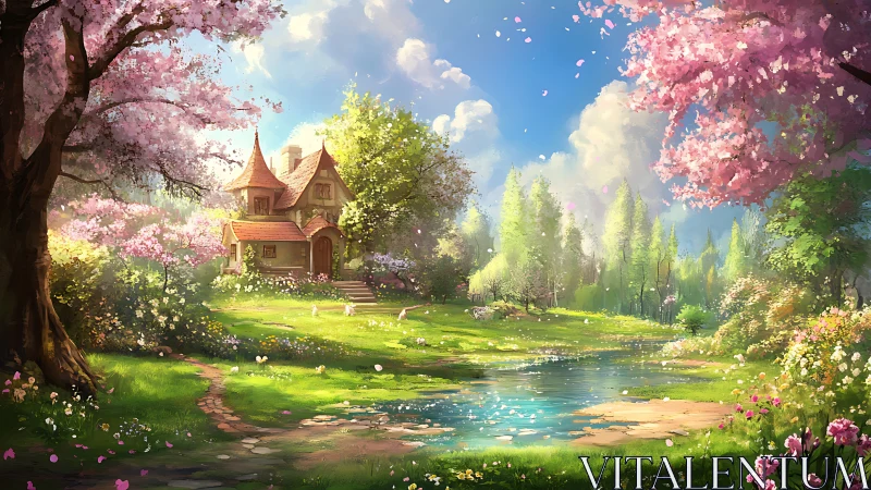 Spring cottage beside reflective stream in lush flowering grove.