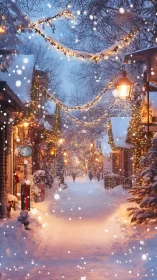 Snowy Christmas street glows under warm festive lights.