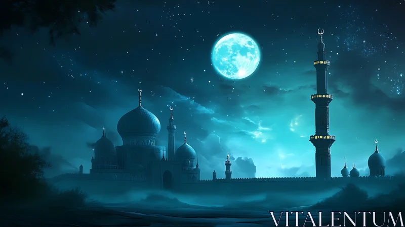 Moonlit minarets whisper over a turquoise desert hush.