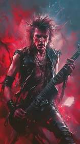 Ferocious rock guitarist engulfed in electric crimson fury.