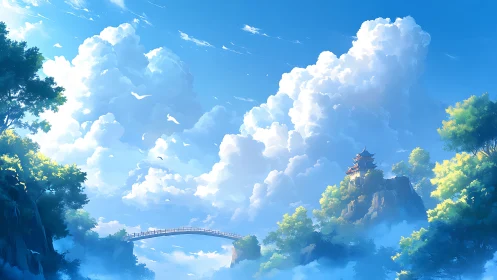 Elevated mountain temple and arched skybridge under cumulus clouds