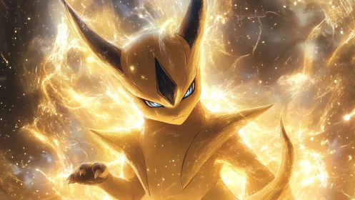 Golden anthropomorphic creature stands amid luminous energy field