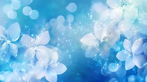 Luminescent blue and white floral composition with particle effects.