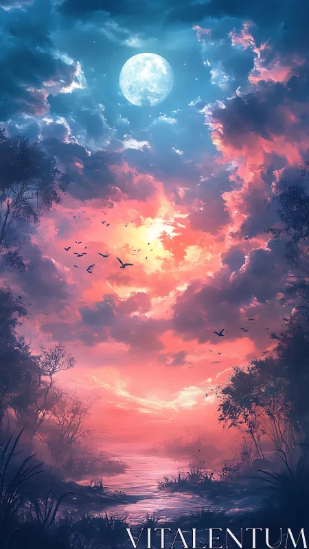 Moonlit river glows beneath blazing twilight sky.