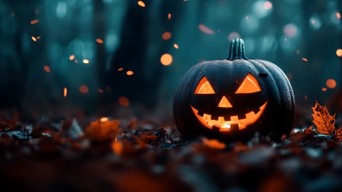 Jack o’lantern grin ignites a misty, ember-lit forest night.