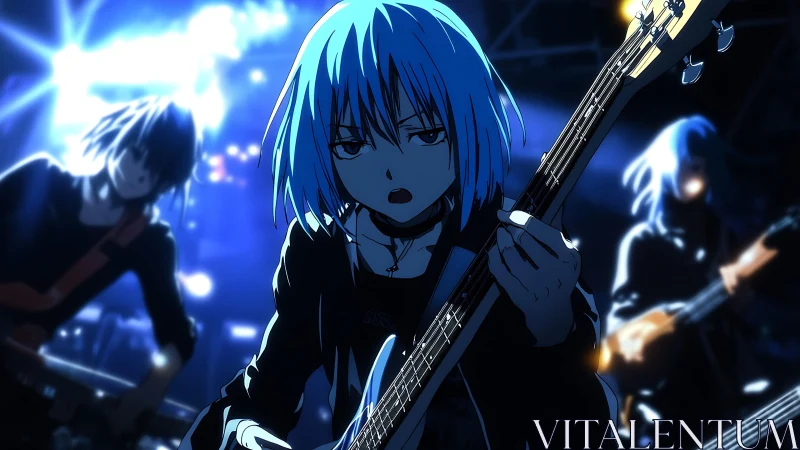 Blue-haired anime bassist drives intense live stage energy.