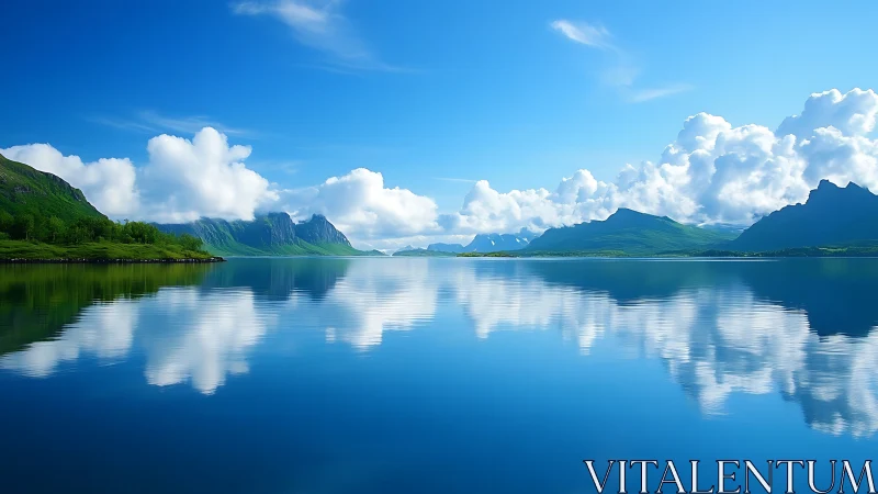 Mountain lake with cloud reflections under clear blue sky.