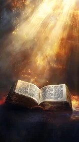 Ancient illuminated book glows under radiant heavenly light