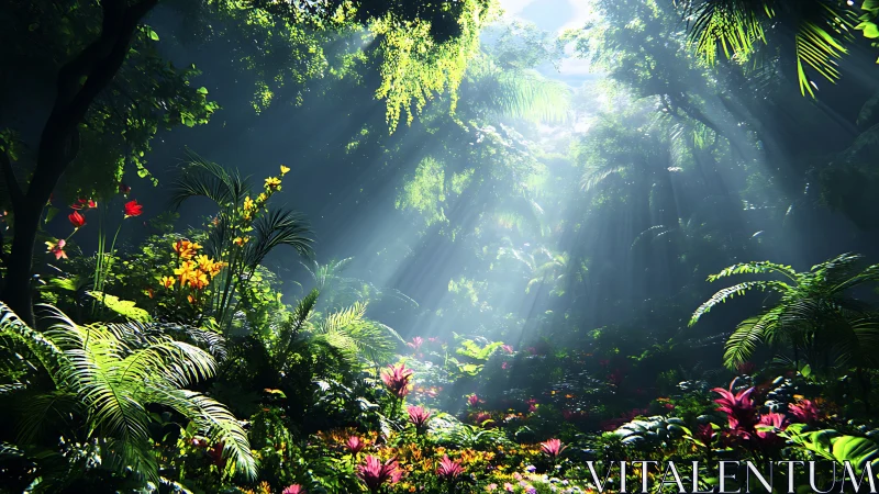 Dense tropical forest with sunlight filtering through canopy.