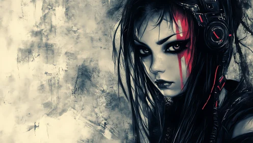 Neon warpaint hacker girl wired into stormy grayscale void.