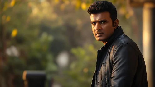 Man in black leather jacket gazes intensely outdoors.