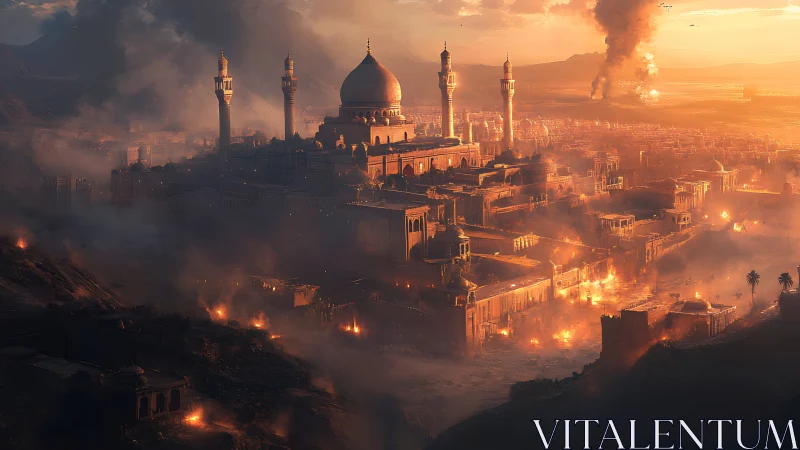 Sunset over besieged domed city in burning valley panorama.