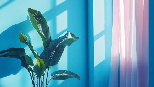 Sunlit banana leaves beside pastel pink window drape.