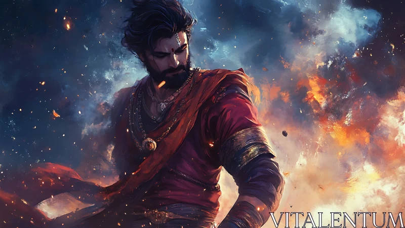 Warrior figure in red robes amid swirling fire and smoke.