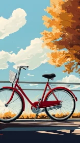 Red Bicycle Under Autumn Sky and Overhanging Foliage.