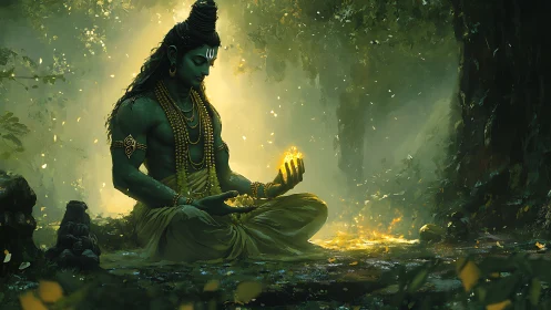 Serene forest deity holding gentle light in peaceful hands.