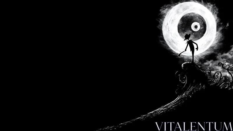 Silhouette on curved hill before large circular moon form.