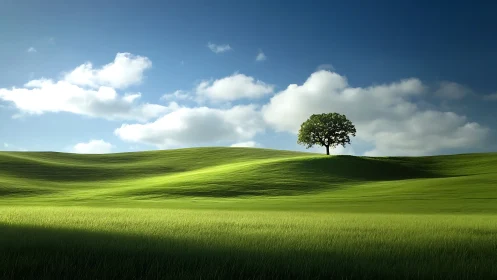 Solitary tree crowns sunlit green hills under soft clouds