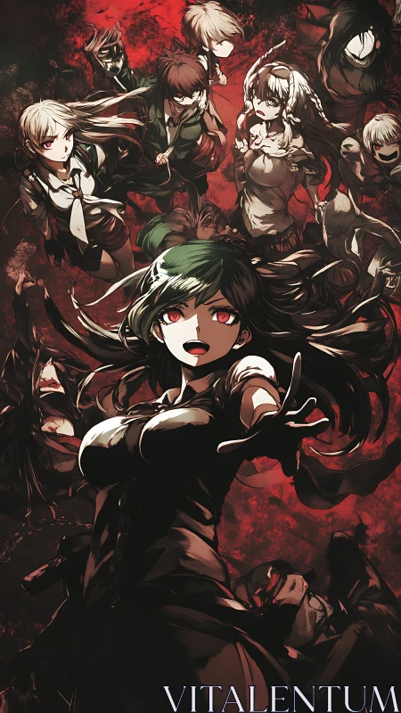 Dark-haired anime leader summons allies in blood-red storm