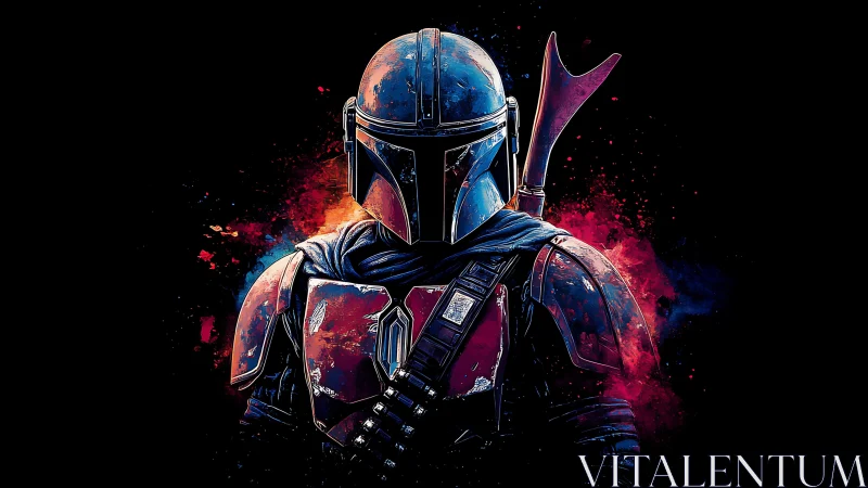 Armored sci‑fi warrior in chromatic splatter silhouette.