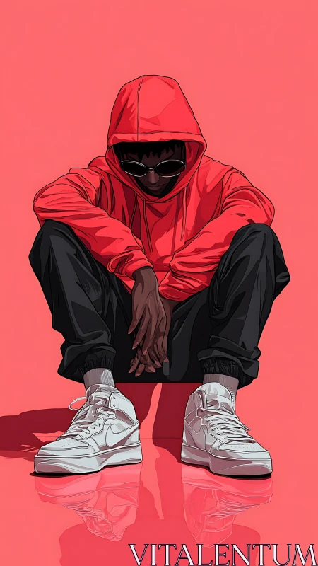 Hooded figure seated in streetwear against solid pink field.