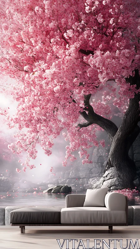 Serene sofa under blooming cherry tree mural enhances calm