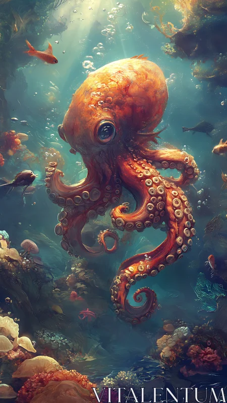 Digital painting of luminous octopus in vertical reef tableau.