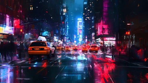 Neon-soaked taxis glide through a rainy cyberpunk avenue.