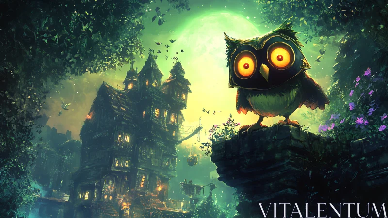 Glowing eyed owl watches a whimsical forest manor at night