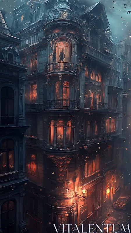 Moody city manor glowing with secret firelit stories.