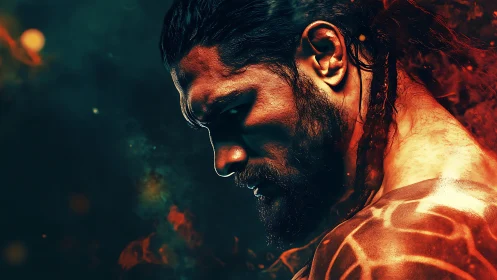 Side profile warrior portrait with dramatic fiery lighting