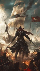 Storm-lit pirate strides through fire toward the towering sails