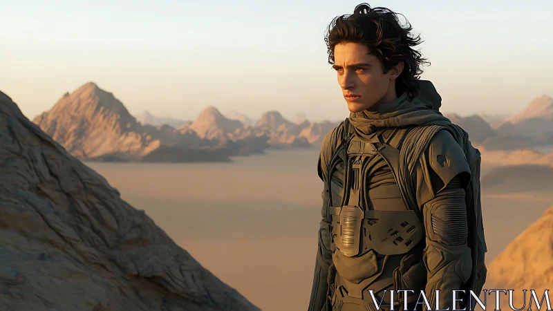 Desert-clad young voyager surveys arid mountains at dawn